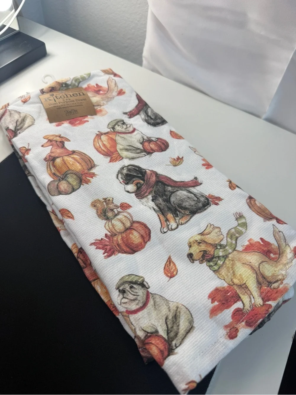 KAY DEE KITCHEN TOWELS (2) DOGS PUMPKINS LEAVES FALL 18 X 28 TERRY LINED NWT